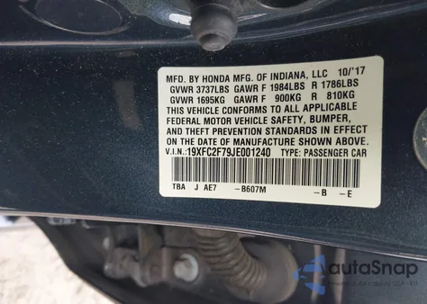 2018 Honda Civic Ex from USA, damaged, VIN 19XFC2F79JE001240